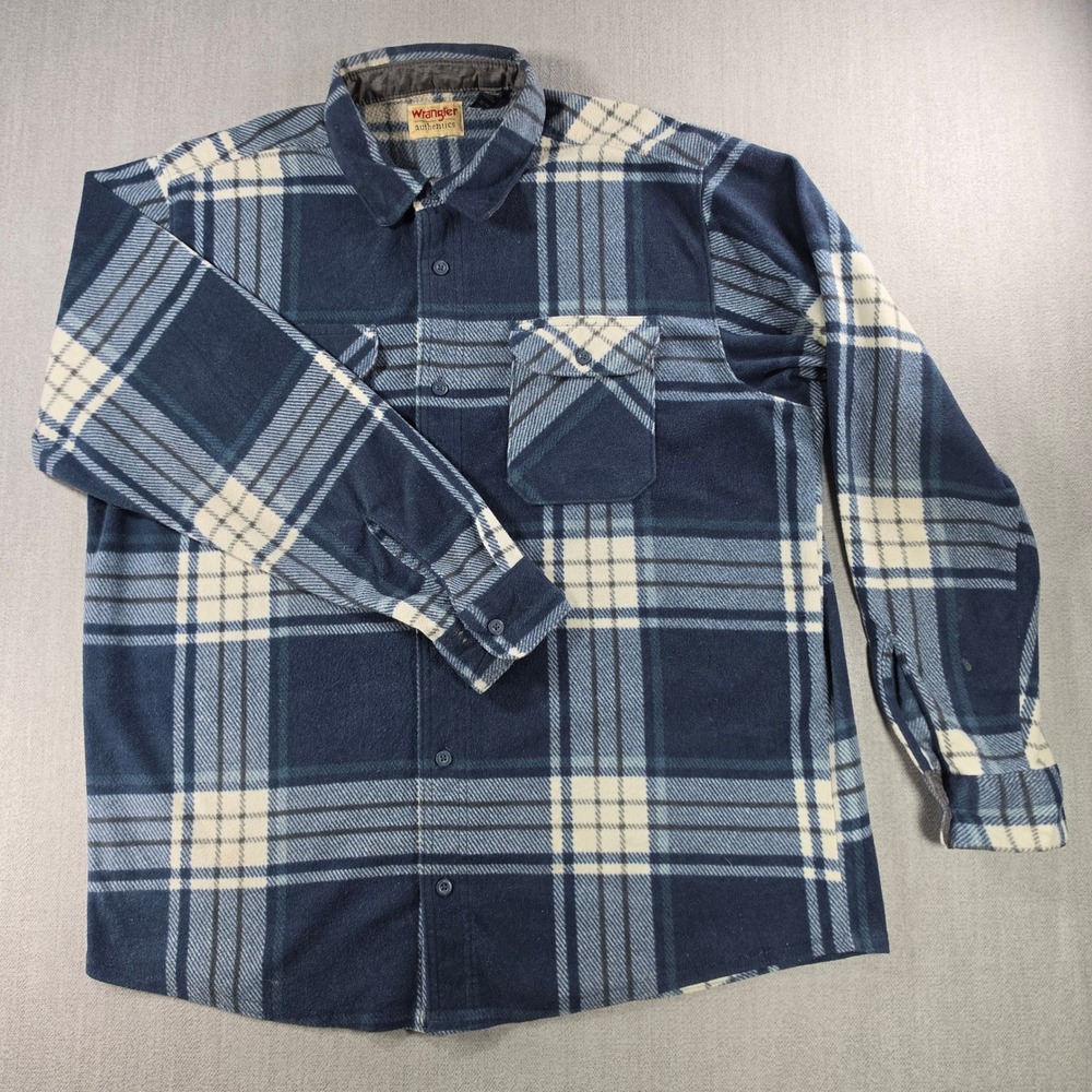 Wrangler Authentics Fleece Shirt Mens XL Blue Plaid Long Sleeve Button Down
